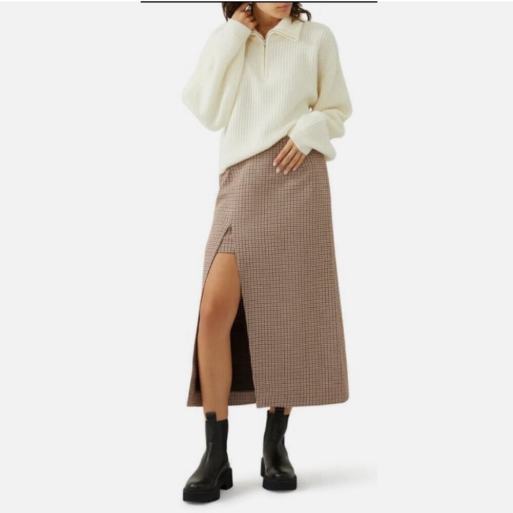 Maje Jaisa Houndstooth Thigh-High Front Slit Midi-Skirt Brown Women's Sz 36